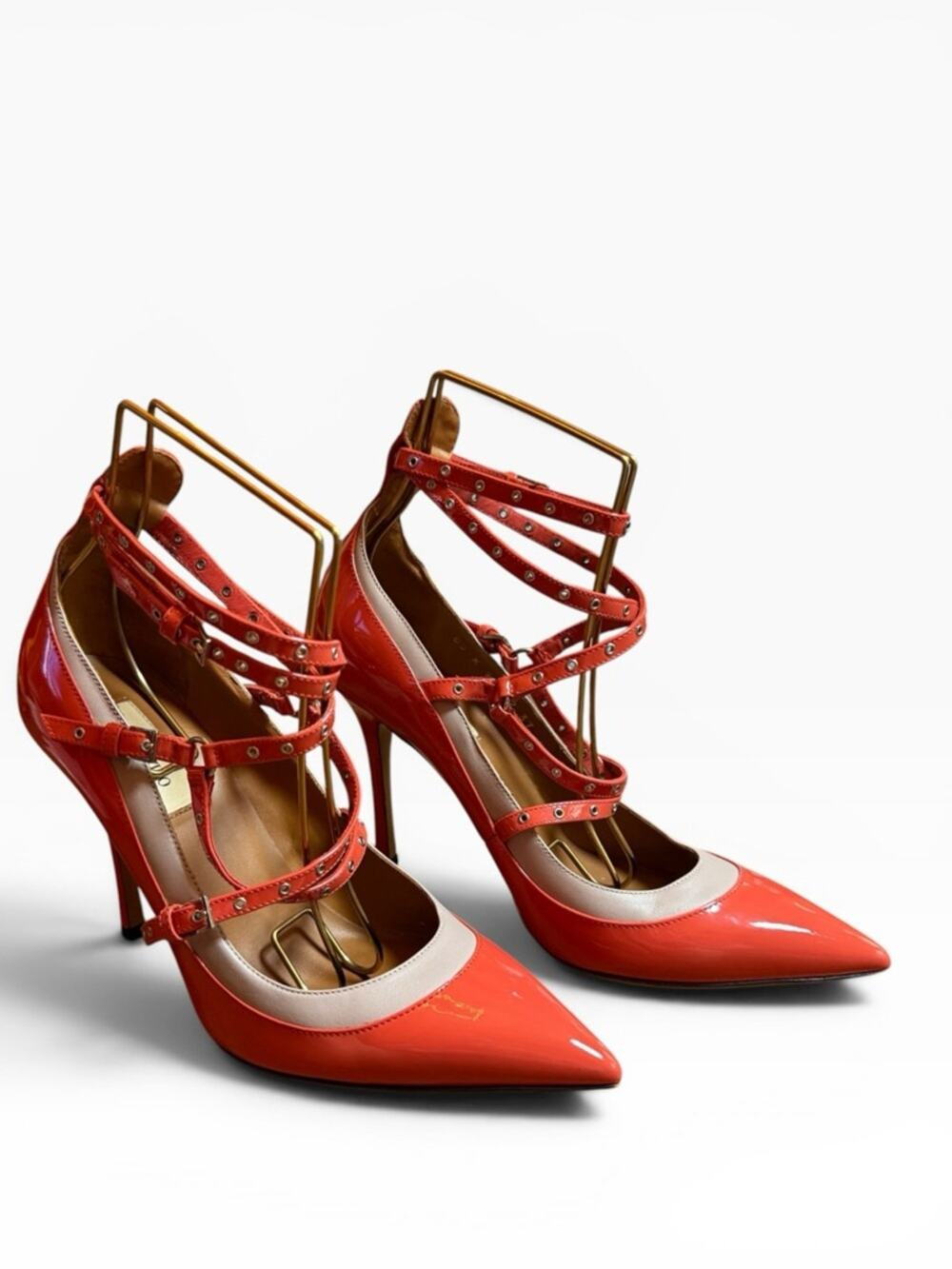 Valentino Garavani Love Latch Orange Patent Leather Pointed Toe Pumps EU 37 US 7